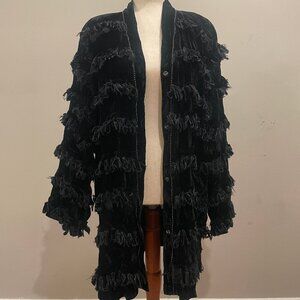 Vintage Paula Sweet Muslin Mink Black Velvet Striped Fringe Beaded Trim Cardigan